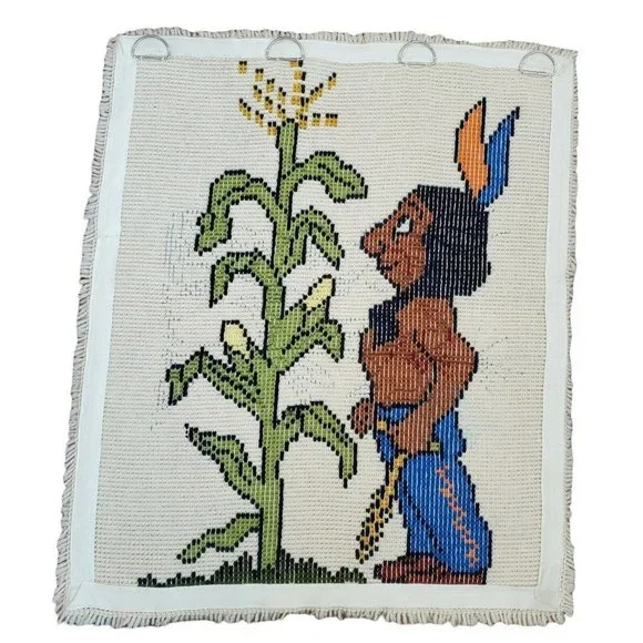 Vintage Native American Corn Stalk Finished Latchhook Wall Tapestry 35 x‎ 29